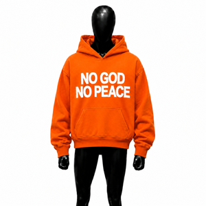 No God No Peace Hoodie <b>Men's</b> <b>Orange</b> Oversized Cotton Fleece Casual Hooded <b>Sweatshirt</b> Front Print Regular Fit Autumn Style Street - Product Image 1