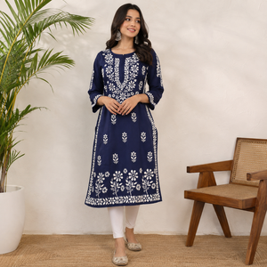 Best Selling <b>Navy</b> Blue Hand Embroidered Georgette Lucknowi Chikankari Straight Kurti - Elegant Ethnic Tunic <b>Top</b> - Product Image 1