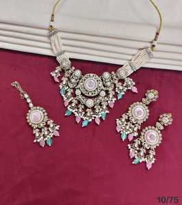 Luxury Oxidised Pearl Beaded <b>Necklace</b> Set with Aqua <b>Blue</b> Stones Designer Bridal Party Wear Jewelry Set with Earrings for women - Product Image 3