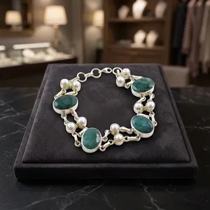 Pulsera india hecha a mano de plata de ley 925 con perla de agua dulce y cuarzo verde para mujer, regalo de joyería. - Product Image 2