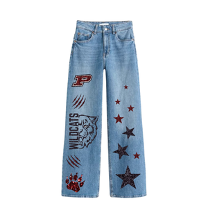 Jean ample vintage taille haute pour femme, respirant, coupe large, en denim, idéal pour le printemps, vêtement décontracté brodé pour les jours de match de baseball - Product Image 5