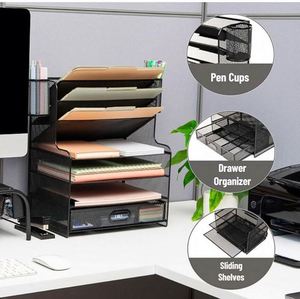 Metal Mesh Desk 6 Compartments 1 Drawer 2 <b>Pen</b> Cups Office Desktop File Organizer - Product Image 2