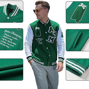Green <b>White</b> Contrast Color Vintage Baseball Button Long Sleeve With Letter Casual Coats For <b>Men</b> College Baseball Varsity <b>Jackets</b> - Product Image 4