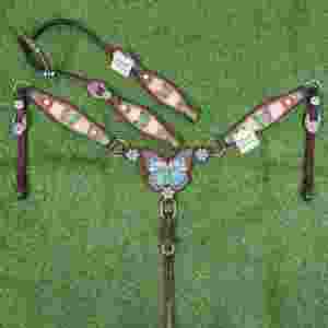 Juego de Arreos para Caballo con Mariposas Turquesas: Cabezada de Cuero Pintada a Mano, Concho de Flor Turquesa - Product Image 2
