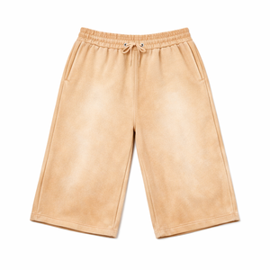 Shorts longs délavés pour hommes avec poches, taille élastique, style streetwear, en molleton bouclette, service OEM disponible - Product Image 4