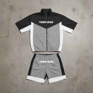 <b>Men's</b> Color Blocking Sporty Short Sleeve <b>Jacket</b> And Shorts Set Quick Dry <b>Summer</b> Wear With Logo Printing - Product Image 1
