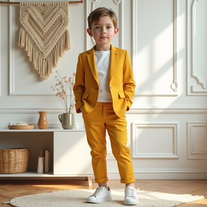 Costume 2 pièces jaune moutarde pour enfants garçons, ensemble décontracté blazer et pantalon pour mariage, fête, tenue formelle - Product Image 3