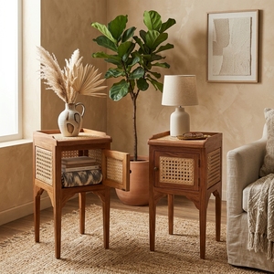 New Modern Minimalist Baraja Wooden Nightstand Natural Rattan Cane Bedside <b>Table</b> <b>Storage</b> Cabinet Side <b>End</b> <b>Table</b> Lamp Chest Stand - Product Image 5