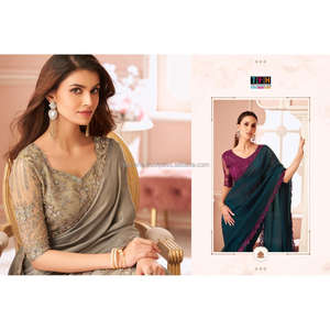 Fancy indio con Secuencia de dos colores e hilo bordado trabajo corte borde sari con blusa de seda de satén Banglory - Product Image 1