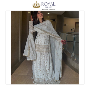 Traje Sharara de seda pura con bordados elaborados y lentejuelas, ideal para fiestas, con dupatta, para mujeres, ropa de boda. - Product Image 4