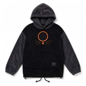 Sudadera con Capucha Unisex Extra Grande de Forro Polar, 100% Algodón, Impresión Digital, Color Negro Invernal, Diseño de Cara de Gato Bordada, Bolsillo Canguro - Product Image 1