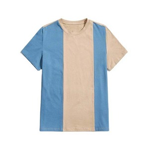 T-shirt décontracté à manches courtes pour homme en tissu tissé bleu et beige, col rond, blocs de couleur, rayures, coupe classique - Product Image 1