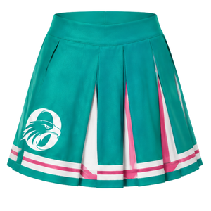Jupe plissée bleu sarcelle pour cheerleading avec bordure rayée rose et blanche, uniforme de performance athlétique pour femmes et filles, tenue d'équipe - Product Image 1