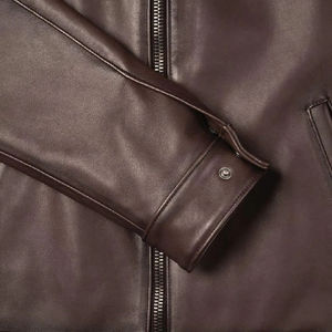 Veste en cuir véritable pour homme, fermeture éclair, col rabattable, marron uni, coupe-vent, style décontracté - Product Image 5