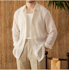 เสื้อเชิ้ตผู้ชายทรงหลวม ผ้าฝ้าย 100% สีขาว แขนยาว สไตล์ลำลอง ระบายอากาศได้ดี ปกคอพับได้ สีพื้น ผ้าป๊อปลิน ติดกระดุมแถวเดียว เหมาะสำหรับฤดูร้อน - Product Image 1