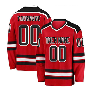Maillot de hockey sur glace unisexe personnalisé rouge, col en V, impression sublimée, évacuation de l'humidité, respirant, anti-UV, manches longues, polyester, nom de l'équipe - Product Image 1
