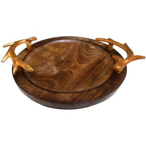 Plateau de service vintage pour aliments, plateau à fromage avec élégantes poignées argentées, plateau de service rond en bois et plat de service. - Product Image 4