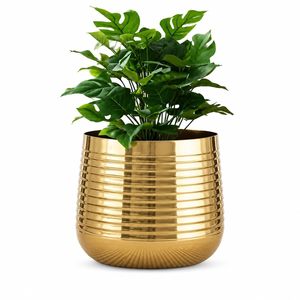 Pot de fleurs décoratif en métal doré, pot de fleurs d'intérieur avec finition côtelée moderne pour la décoration de la maison, du salon, du bureau, de la table - Product Image 1