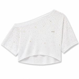 Blusa asimétrica blanca de un solo hombro con pedrería dorada, camisa personalizada para mujer, top informal de corte holgado con adornos dispersos, camiseta DTG - Product Image 3