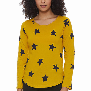 T-shirt jaune pour femme, T-shirt à manches longues, T-shirt à imprimé étoile, T-shirt à col rond, haut en coton tricoté décontracté, coupe régulière, toutes saisons - Product Image 1