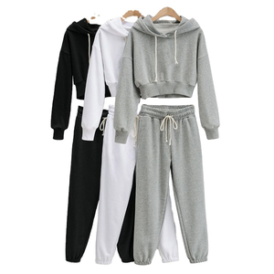 Women Hooded Sweatshirt Set Casual Solid Color Long Sleeve <b>Crop</b> Top With <b>Jogger</b> Pants Full Sleeve Knitted Cotton Outfit - Product Image 1