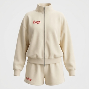 Women's 2-Piece Fleece Shorts <b>Set</b> Stand Collar Zipper Jacket Embroidered Logo Casual Loose Fit All Seasons Sportswear - Product Image 3