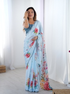 Elegante sari azul claro con estampado floral y borde de encaje con espejos, sari de chinnon para mujer, ropa de fiesta, sari indio. - Product Image 2