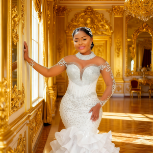 ชุดแต่งงานผู้หญิงดีไซน์ใหม่ สีขาว ผ้าลูกไม้ ยาวลากพื้น ไซส์พลัส แบบไม่มีแขน ทรงเมอร์เมด ผูกเชือกด้านหลัง ปรับแต่งได้ ประดับมุก หรูหรา - Product Image 6