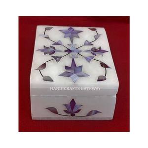 Caja de Almacenamiento de Joyas Rectangular de Mármol Blanco Hecha a Mano de la Mejor Calidad con Incrustaciones de Flores Azules para Regalos Corporativos - Product Image 5