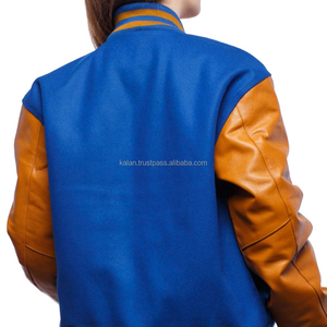 Blue Varsity <b>Jacket</b> With Orange <b>Real</b> <b>Leather</b> Sleeves Button Closure Unisex Casual Winter College <b>Jacket</b> Custom Logo - Product Image 5