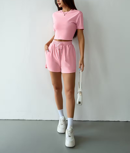 Women 2 Piece Shorts Set Solid Pink Crew Neck Short Sleeve Knitted Casual Spring Summer Above Knee Length Pockets Loose Stretch - Product Image 5