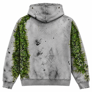 Sweat à capuche décontracté pour homme en molleton de coton écologique imprimé sur mesure, coupe oversize, effet vieilli, motif vigne verte délavée à l'acide, avec poche - Product Image 2