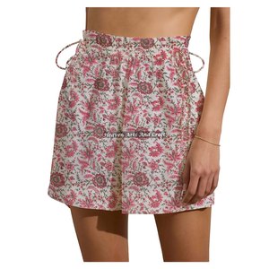 Shorts de week-end en coton imprimé floral à la main avec cordon de serrage pour femme – Tenue décontractée d'été – Short de plage en coton imprimé à blocs avec cordon de serrage - Product Image 6
