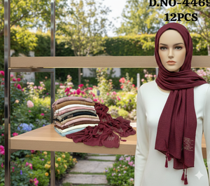 Collection de hijabs en polyester/lin texturé marron de qualité supérieure - Ensemble de 12 pièces avec broderie dorée complexe et détails en pompons - Product Image 3