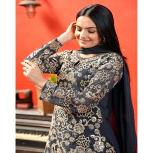 Conjunto de traje de diseñador para mujer Sharara codificación de secuencia de trabajo bordada - Product Image 3