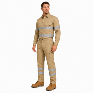 Unisex Hi Visibility <b>Waterproof</b> Workwear Uniform Long Sleeve Shirt Cargo Pants Set Reflective Tape Beige Cotton <b>Work</b> Suit - Product Image 5