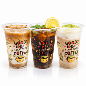 แก้วพลาสติก PP พิมพ์ลายกาแฟ ขนาด 16 ออนซ์ ทรงกลม พร้อมฝาปิด สำหรับเครื่องดื่มกาแฟเย็น - Product Image 1