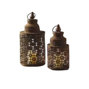 <b>Set</b> Of 2 Vintage Moroccan Style Metal Hanging Candle <b>Lanterns</b> Iron Moorish Design Indoor Patio Garden Home Decor Candle Holders - Product Image 1