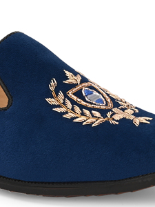 Mocassins élégants en velours bleu à bout pointu avec logo brodé, antidérapants, pour hommes, chaussures habillées de mariage Asken Atelier authentiques - Product Image 2