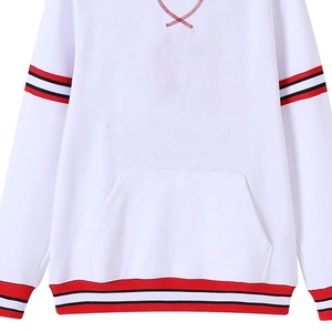 Sweat-shirt blanc à col rond pour femme avec bordure à rayures rouges et poche avant, haut décontracté en tricot à manches longues - Product Image 3