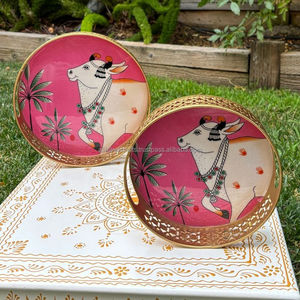 Plateau de service décoratif rond en fer, plateau de rangement en métal imprimé, plateau d'appoint pour table basse avec bordure découpée dorée, idéal pour un cadeau - Product Image 2