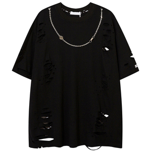 เสื้อยืดแขนสั้นฮิปฮอปผู้ชายแบบขายส่ง สั่งทำได้ ทรงโอเวอร์ไซส์ ขาดๆ แบบดิสเทรส คุณภาพสูง - Product Image 1