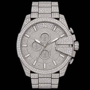 Reloj de Hombre en Tono Plateado con Incrustaciones de Piedras Brillantes, Esfera con Fecha, Estilo Cronógrafo, Reloj de Lujo - Product Image 1