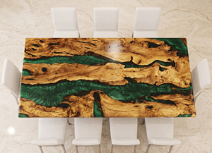 Table de salle à manger rectangulaire moderne en résine avec bord naturel, faite à la main, design grain de bois vert et or, mobilier pour la maison et l'entrée d'hôtel - Product Image 2