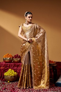 Leranath Fashion Golden Kanjivaram <b>Saree</b> <b>for</b> <b>Women</b> Zari Tissue Texture Hand Embroidery Beads Work Elegant Recycled Materials - Product Image 2