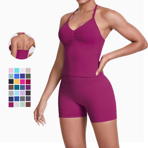 Conjunto Deportivo de Dos Piezas de Alta Calidad: Top Deportivo y Pantalones Cortos a Cuadros de Cintura Media, Kit de Yoga, Cintura Elástica, Secado Rápido y Transpirable - Product Image 1