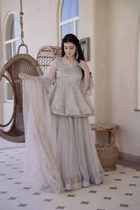 Sheer Embroidered Women Salwar Kameez One Set Short <b>Top</b> <b>Layered</b> Tunic Mesh Dupatta Elegant Knee Length Party Outfit - Product Image 3