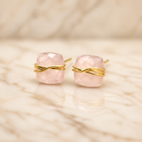 Boucles d'oreilles clous en quartz rose faites à la main, enroulées de fil, taille coussin, pierres précieuses facettées, pour femmes, bijoux personnalisés OEM, vente en gros