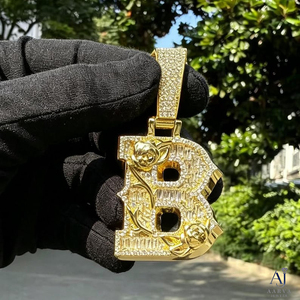 Collier chaîne corde plaqué or rose avec pendentif lettre en moissanite et breloque initiale en strass, style hip-hop de luxe pour mariage, pour homme - Product Image 3