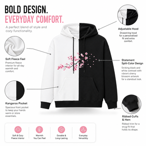 Sweat à capuche unisexe surdimensionné personnalisé, imprimé floral cerisier noir et blanc, style streetwear, en polaire, pour hommes et femmes - Product Image 5